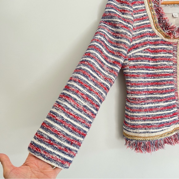 ANTHROPOLOGIE x Boston Proper Multicolor Tweed Striped Fringe Chain Jacket Sz 2 - Picture 4 of 16